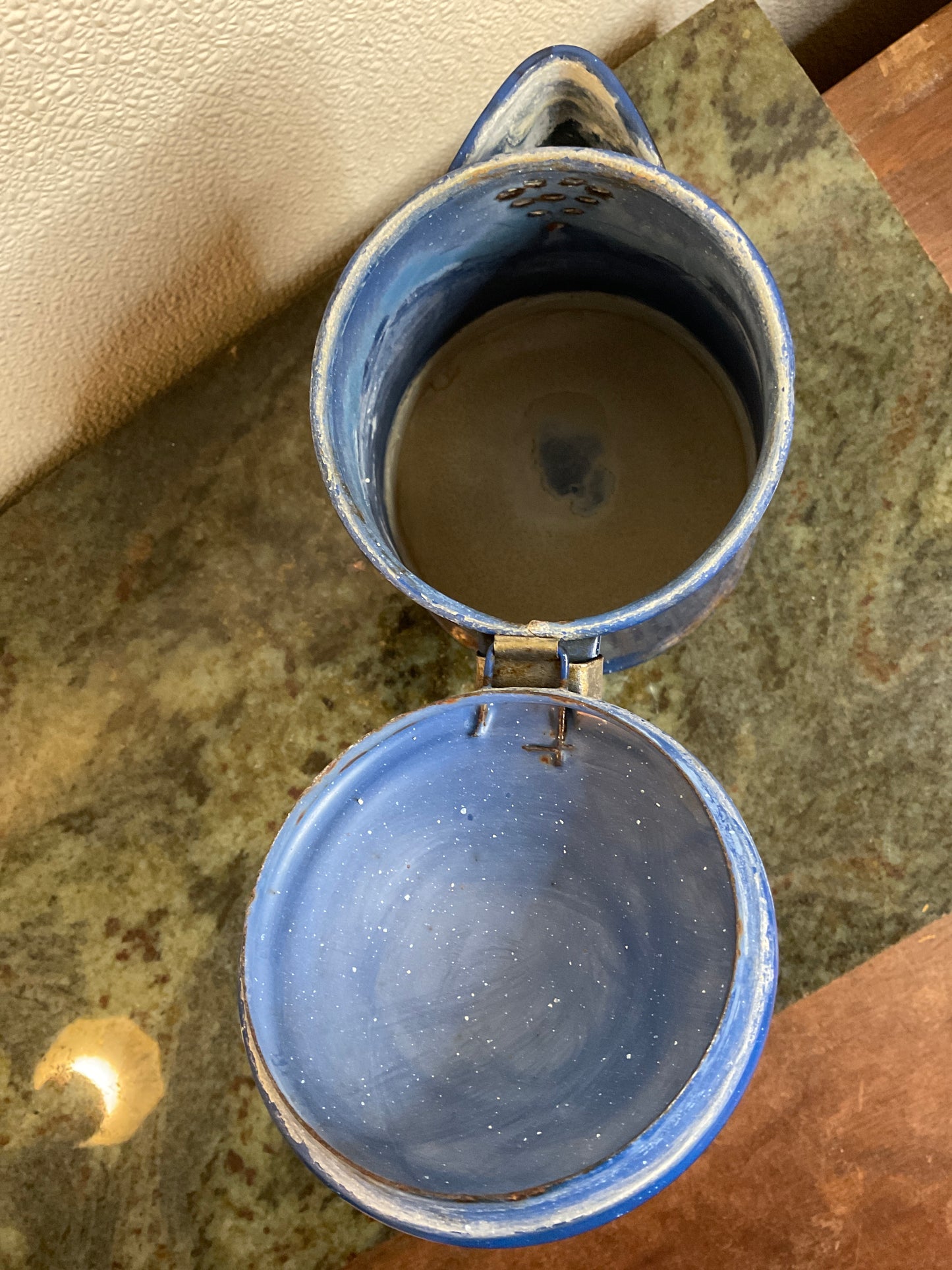 Blue Speckled Enamelware Coffee Pot