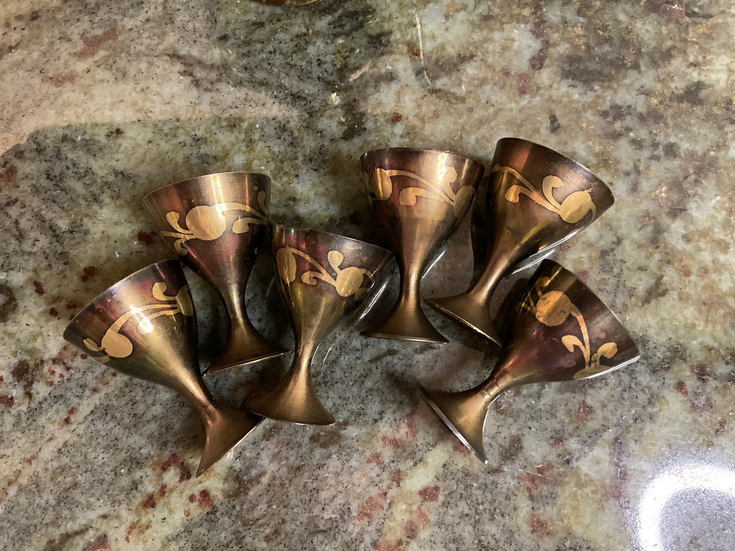 Vtg Mini Turkish Brass Teapot & 6 Cups/Goblets