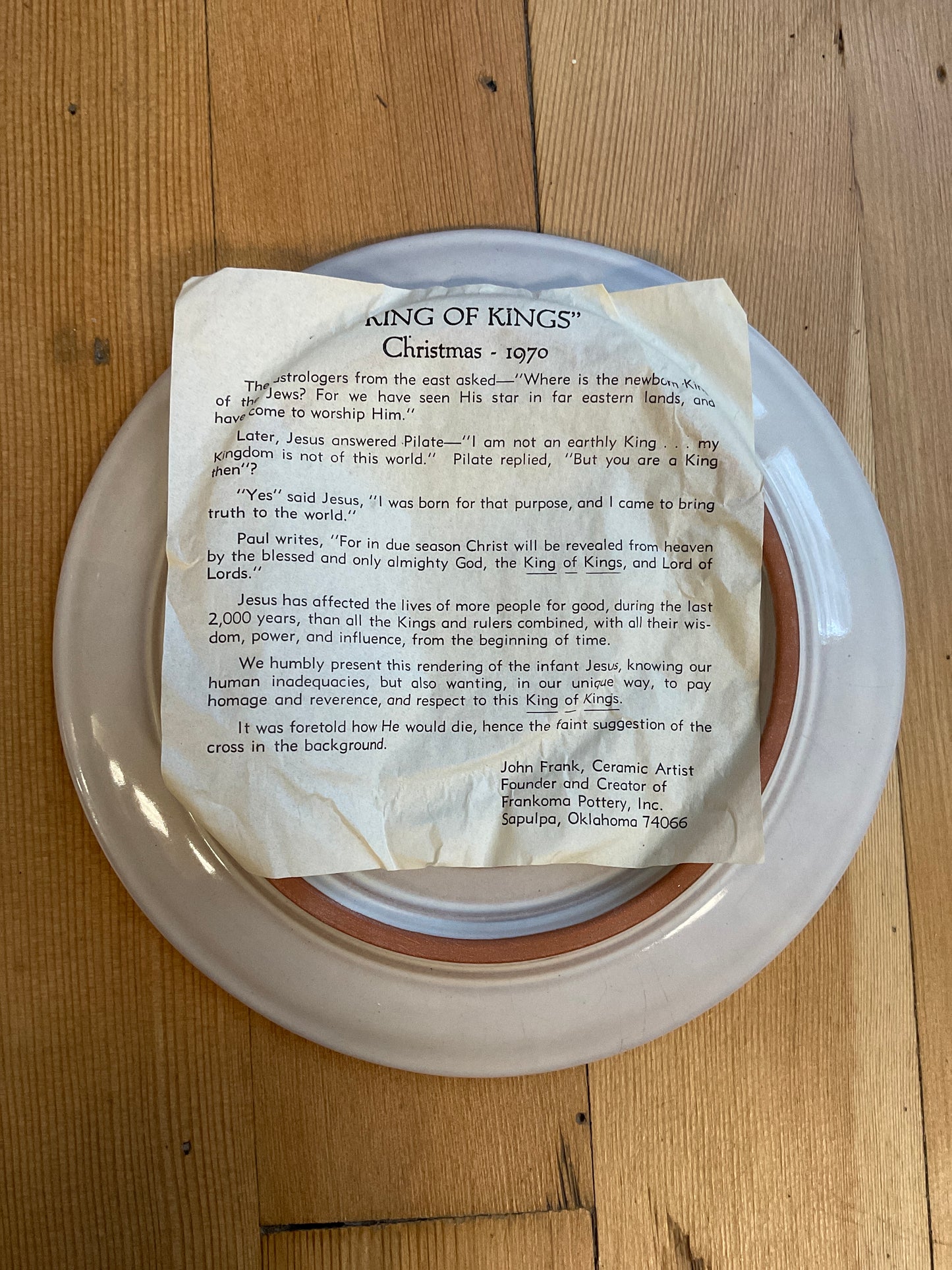 Frankoma Pottery “King Of Kings” Christmas 1970 Plate