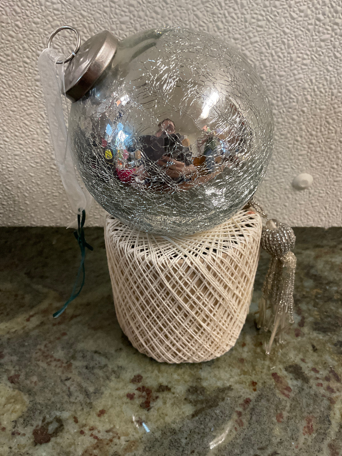 Vintage Kugel- Style Silver Crackle-glass Ornament With Tassel