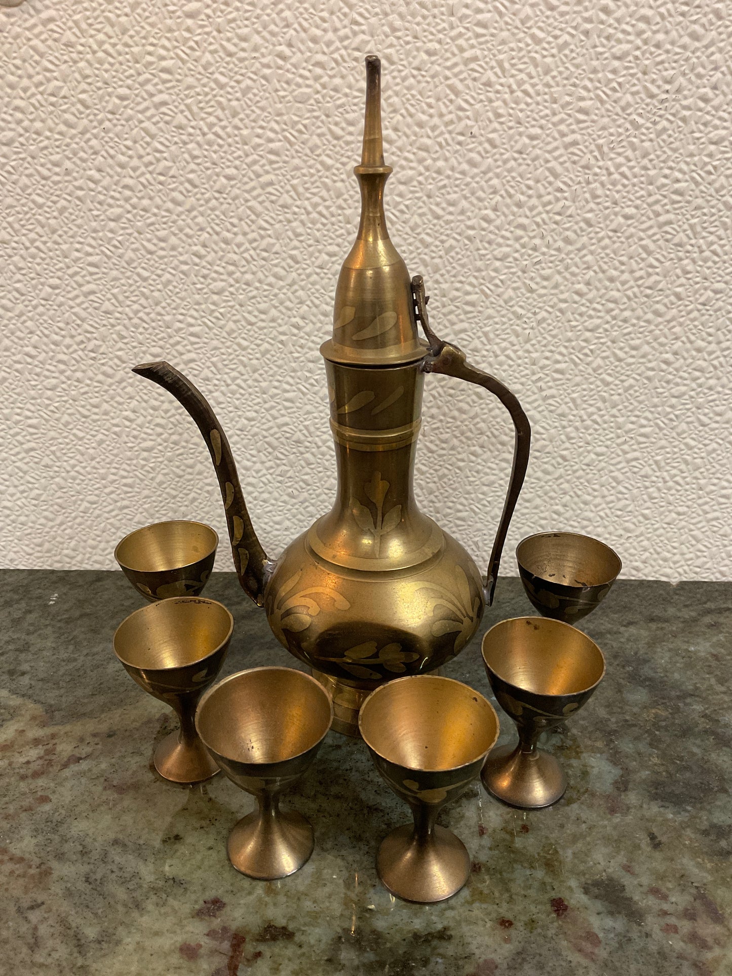 Vtg Mini Turkish Brass Teapot & 6 Cups/Goblets