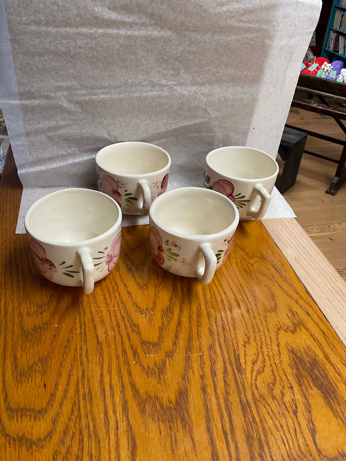 Vintage German Art Pottery Floral Soup Bowls“Handgemalt” signed by Widerstrom Set of 4