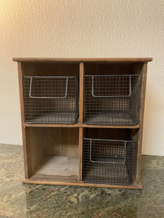 Four Compartment Wood Box with Three Wire Basket Inserts