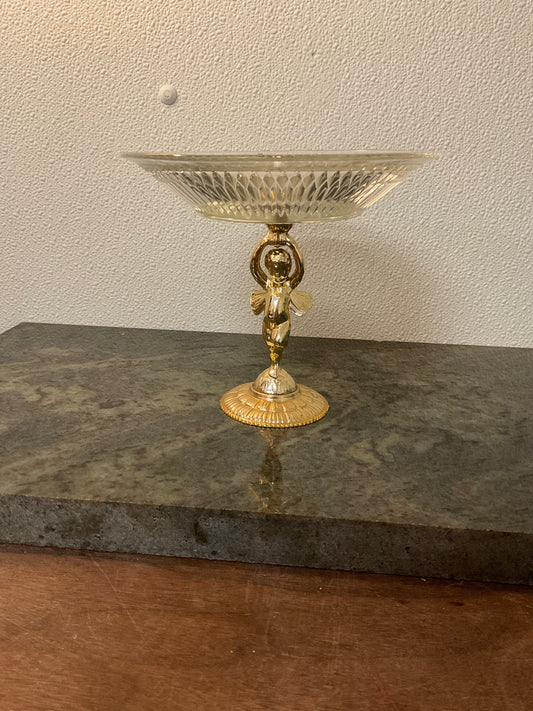 Vintage Brass Angel Glass Dish