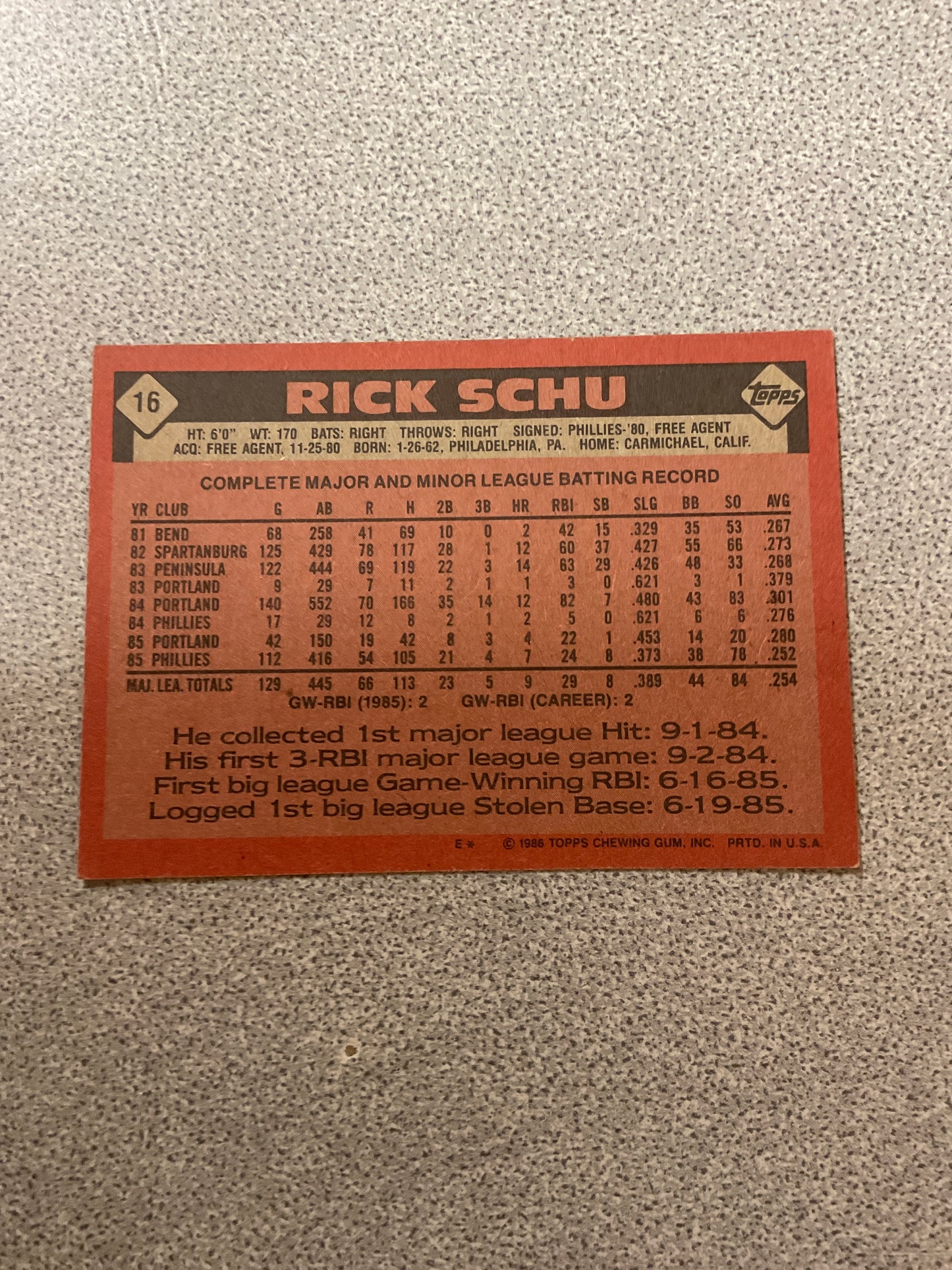 Baseball Card Rick Schu