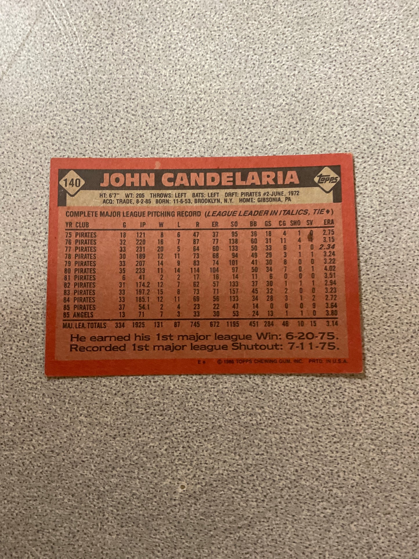 Baseball Card John Candelaria
