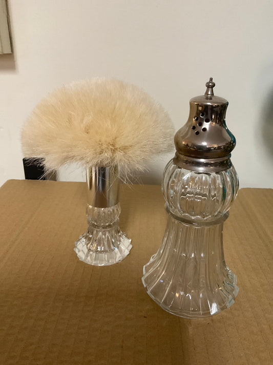 Vintage Empty Dusting Silk Bottle shaker and powder Brush. Set of two.