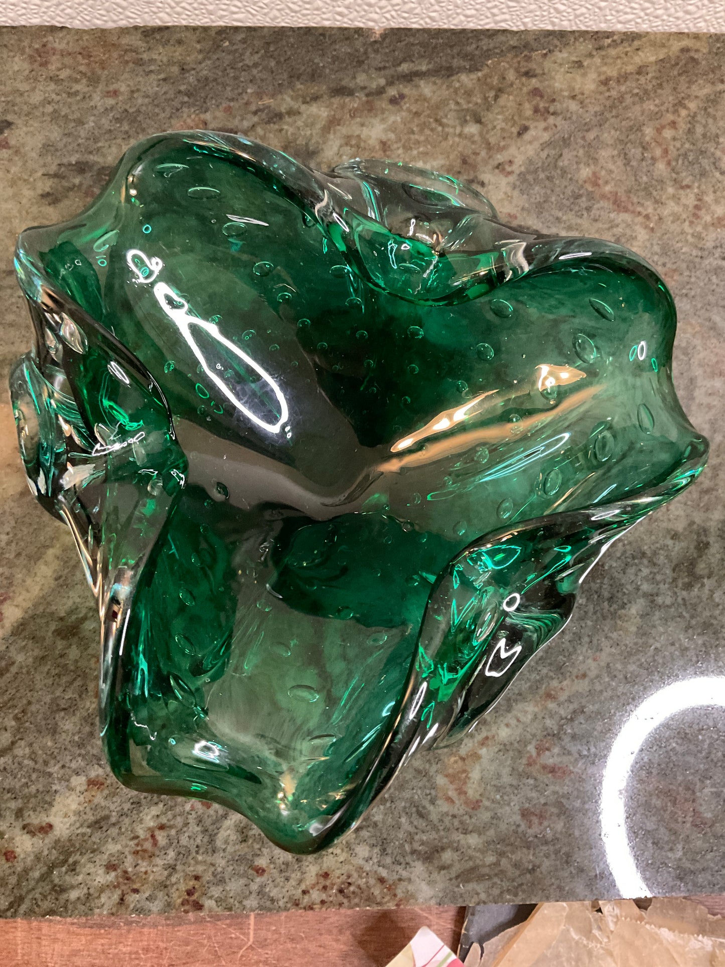 Vintage Murano Emerald Green 1950’s Contolled Bubble Glass Ashtray