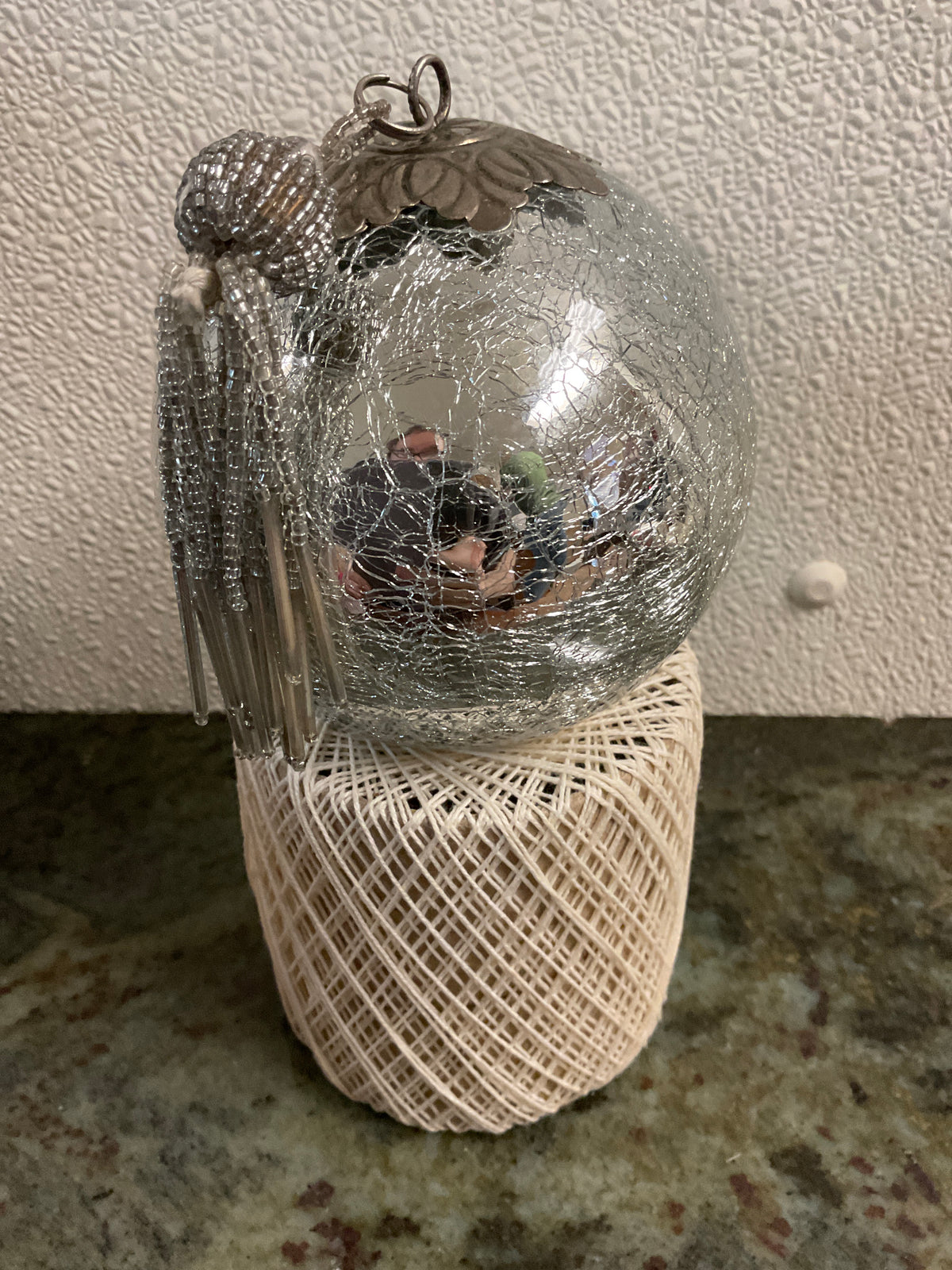 Vintage Kugel- Style Silver Crackle-glass Ornament With Tassel