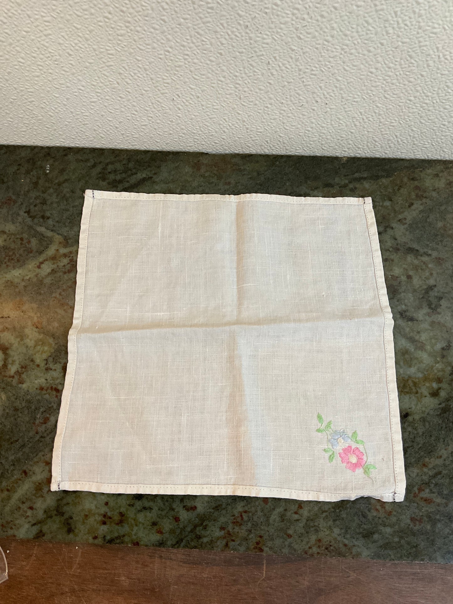 Vintage White Hankie With Flowers and Boarder Hand Stitched.