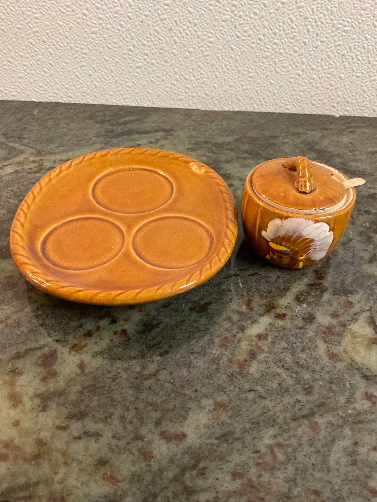 Vintage Ceramic Souvenir Condiment Pot and Tray Set