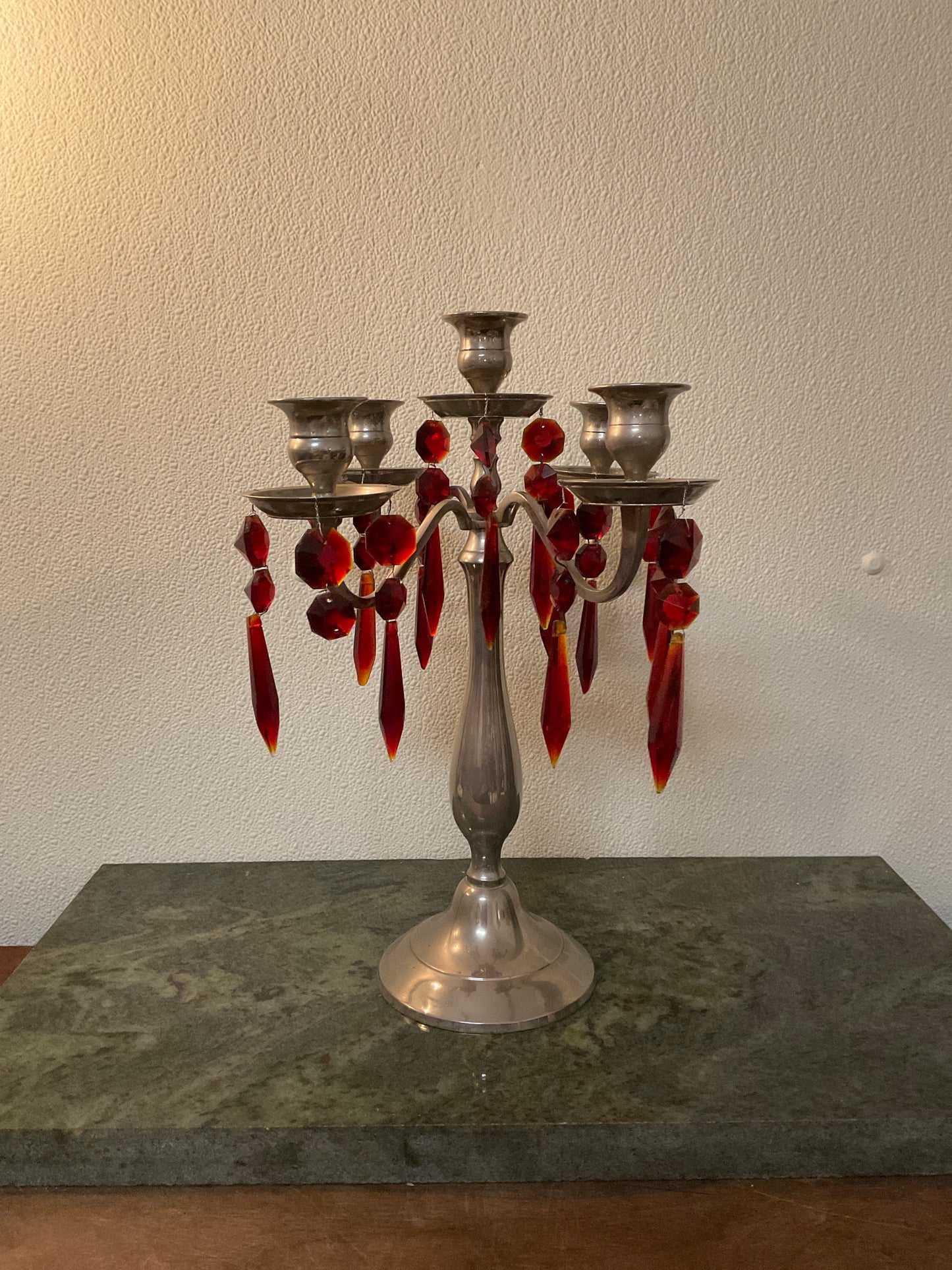 4 Arm Candelabra With Red Glass Prism