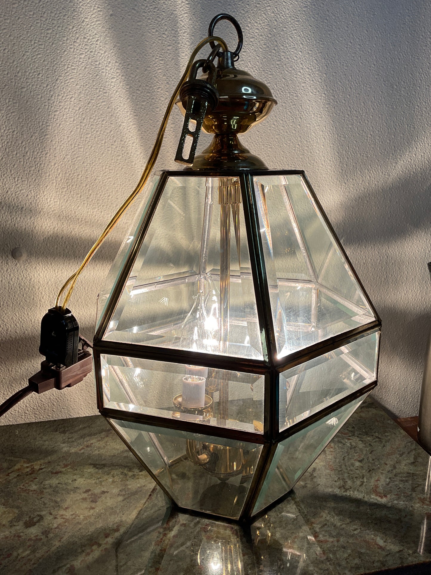Vintage Hexagonal Brass/Beveled Glass Fixture