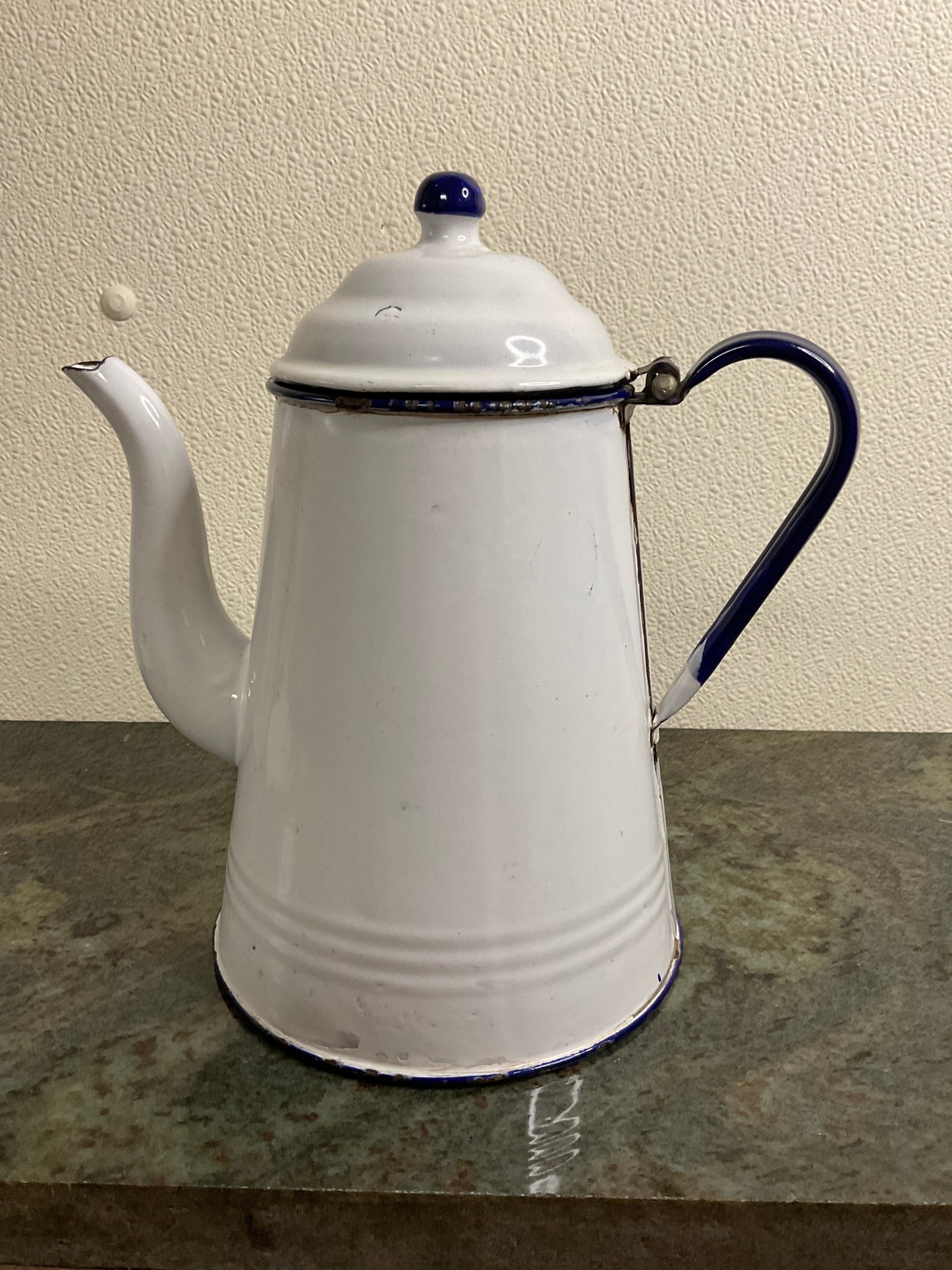 Vintage White Kettle/Pot with Blue Rim & Handle