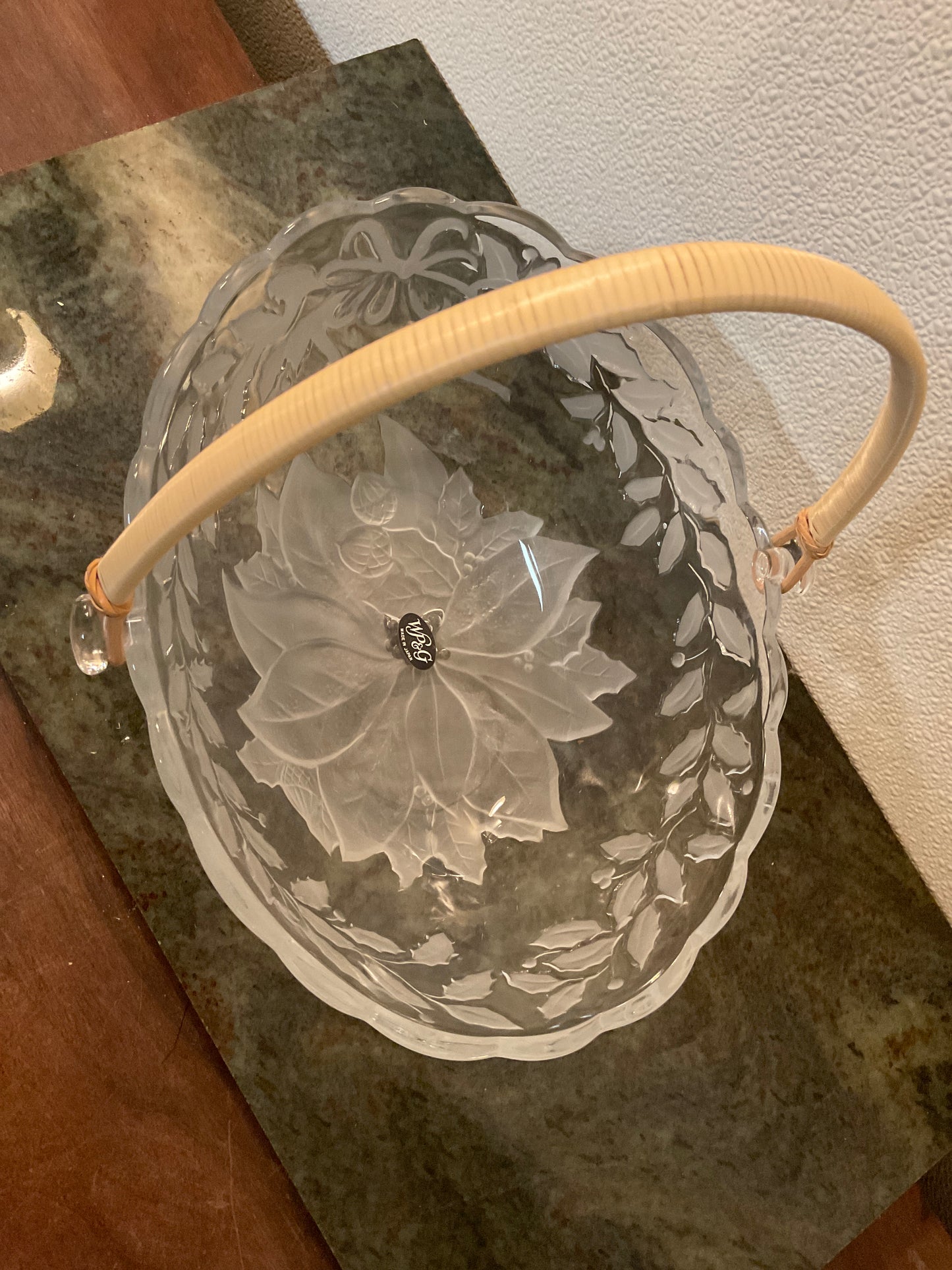 WP&G Crystal Glass Oval Basket W/poinsettia design. Made in Japan.
