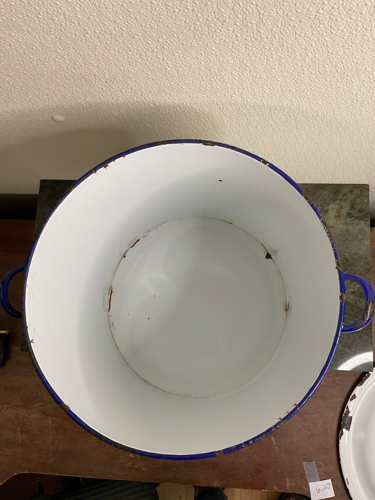 Vintage White Enamel Bread Pot with Blue Rim