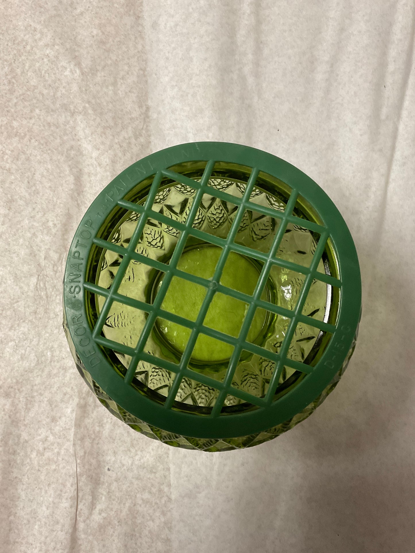 Vintage Avocado Green Round Glass Vase in textured diamond pattern with plastic flower grid/holder