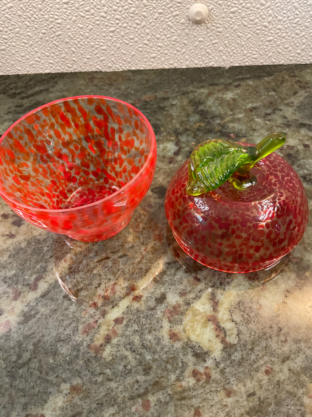 Vintage Hand Blown Red Speckled Glass Apple