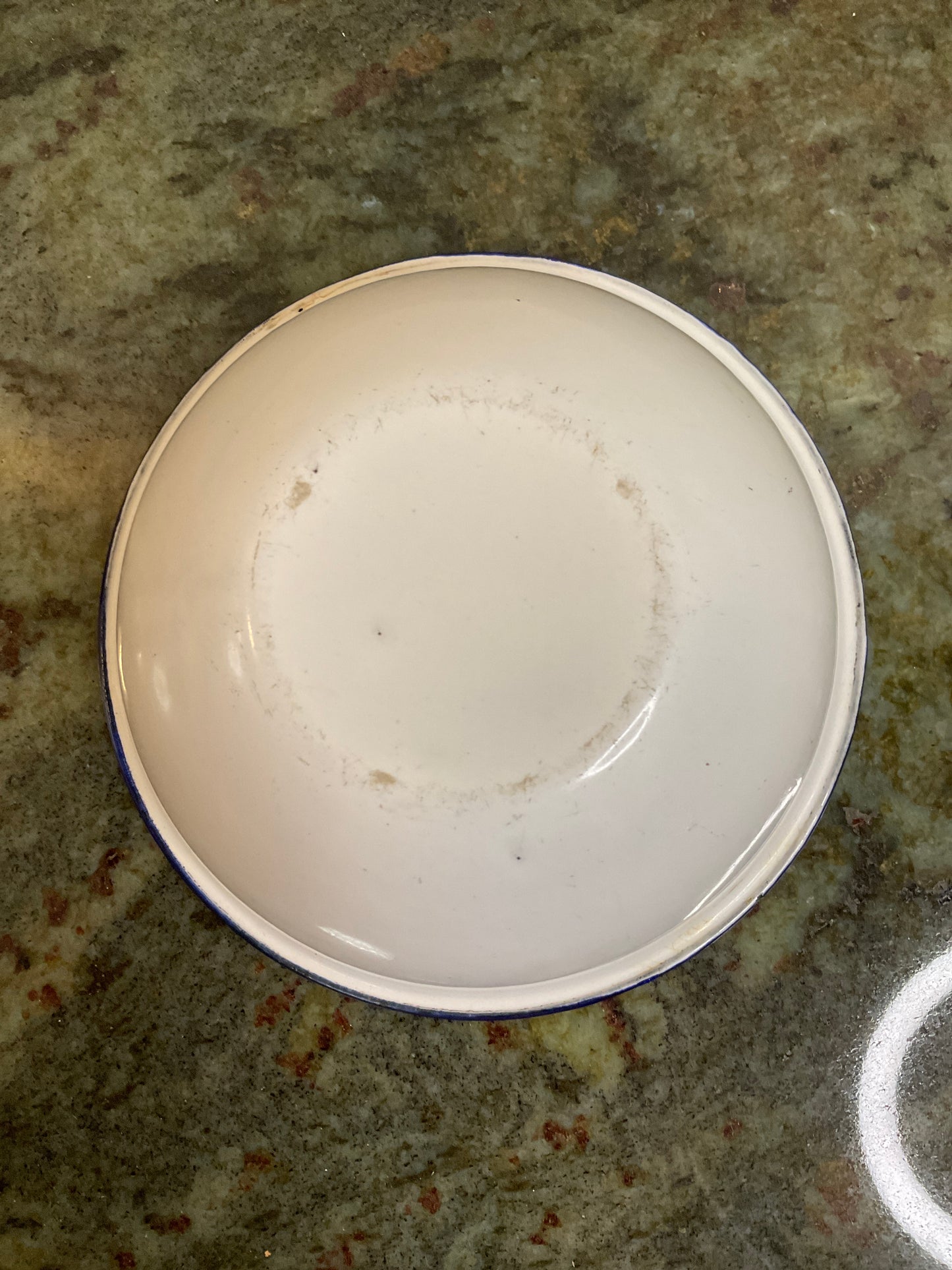 Vtg White Enamel/Blue Rim Small 6” Bowl