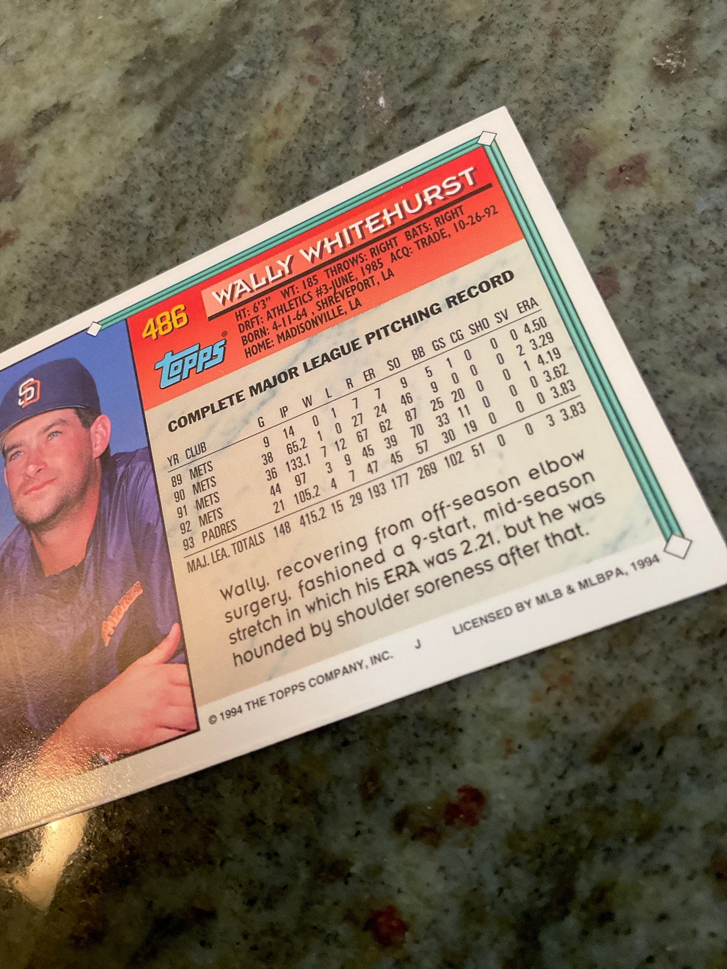 1994 Topps Wally Whitehurst Baseball Card