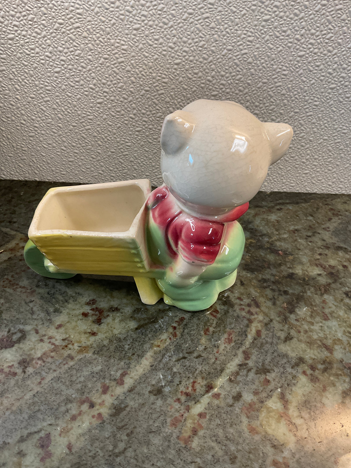 Vintage Ceramic  Planter Pig pushing Wheel Barrow