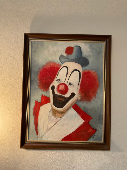 American School 20th Century Portrait Of A Clown - Oil On Canvas Signed Hier