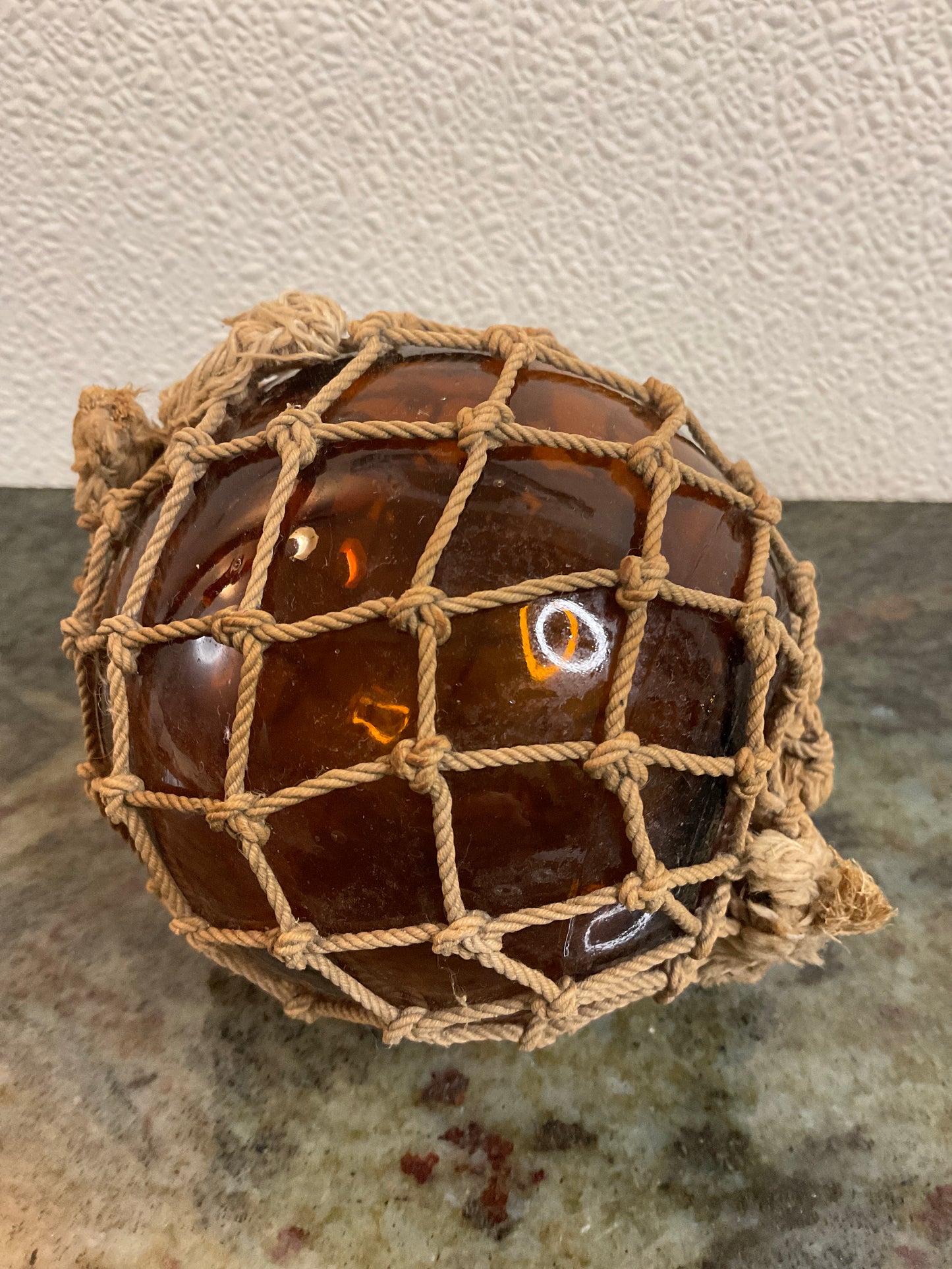 Vtg Amber Glass Fishing Float with Net