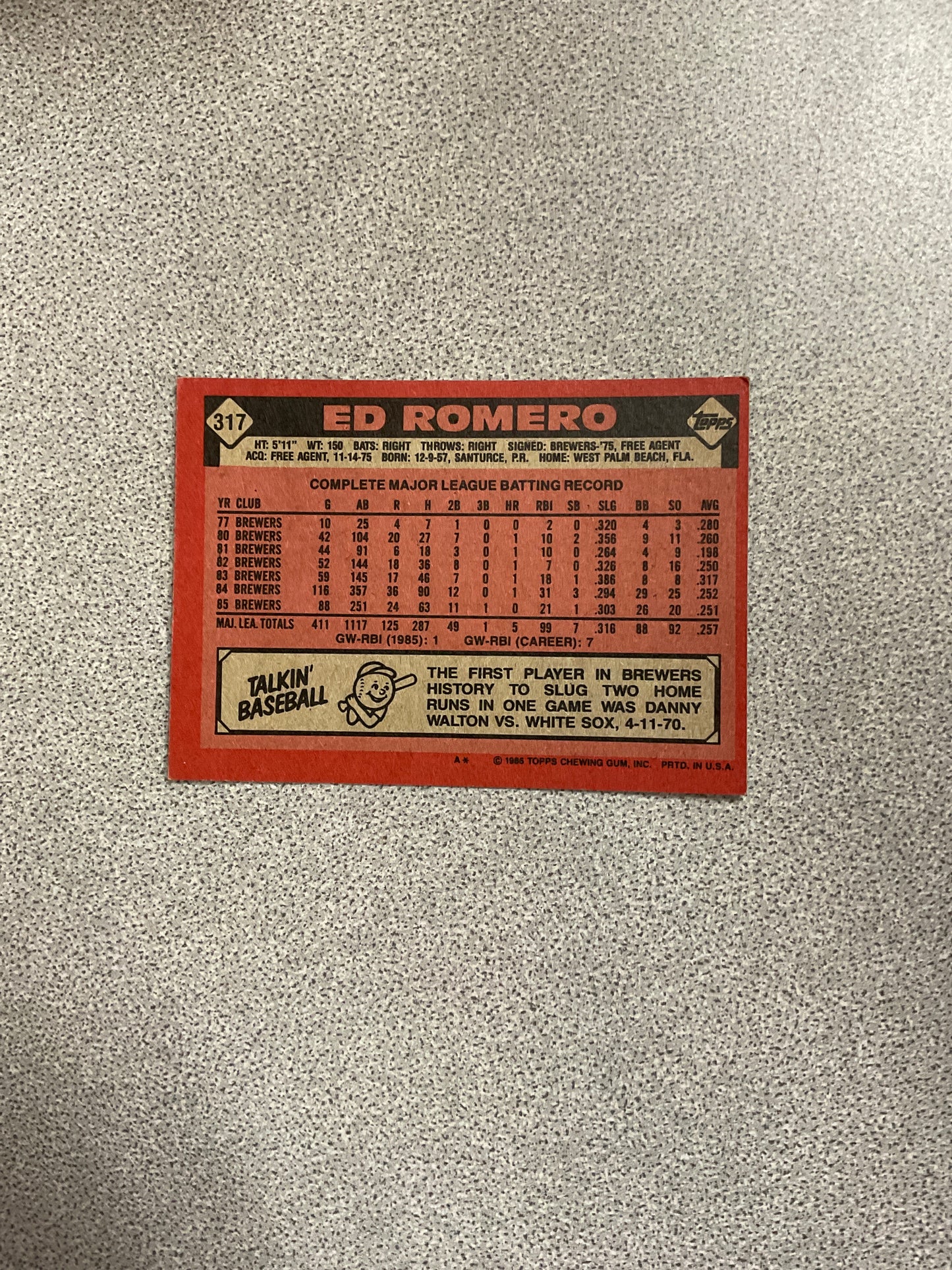 Baseball Card-  Ed Romero