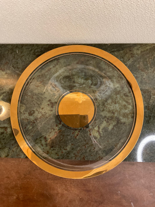 Vtg 13” Round Glass Tray w/Gold Rim & Center