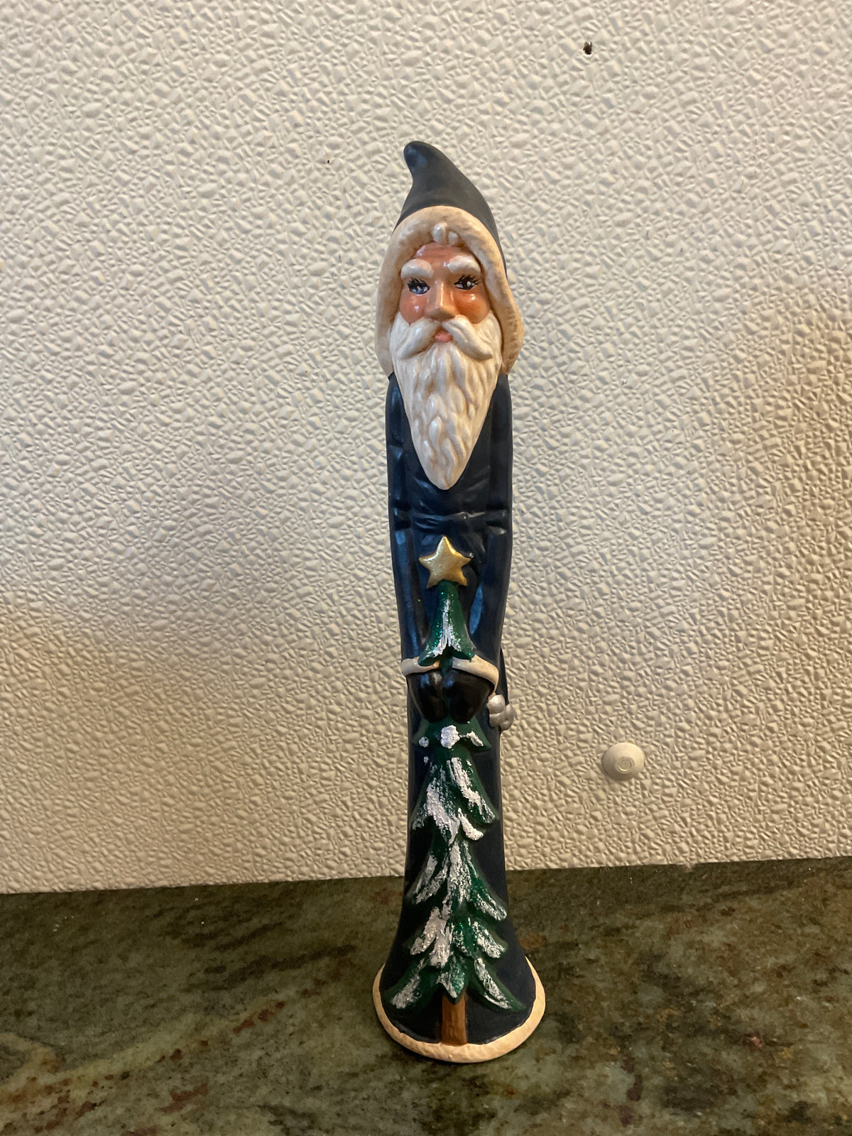 Ceramic Tall Thin Santa In Blue