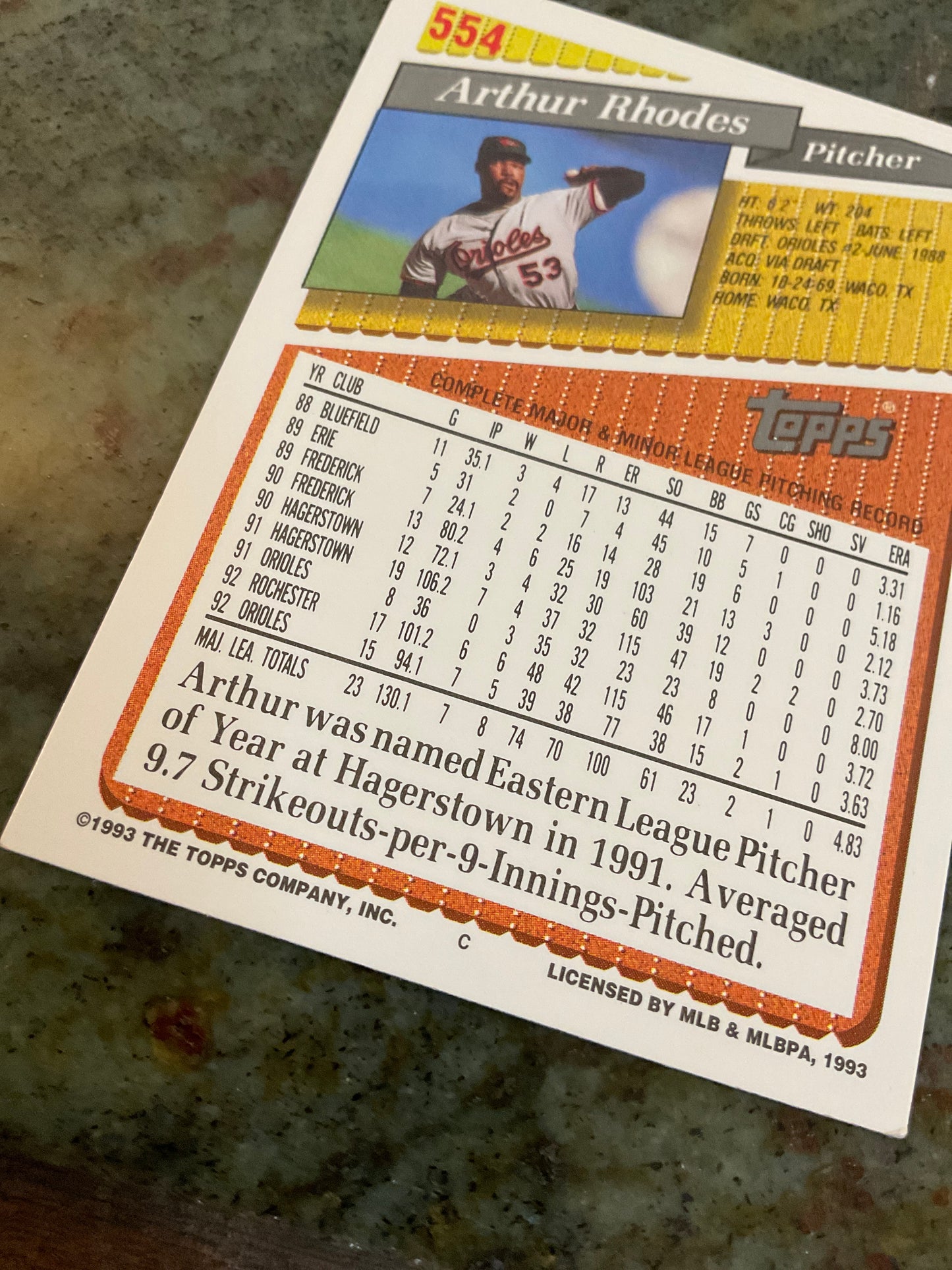 1992 Topps Arthur Rhodes Baseball Card