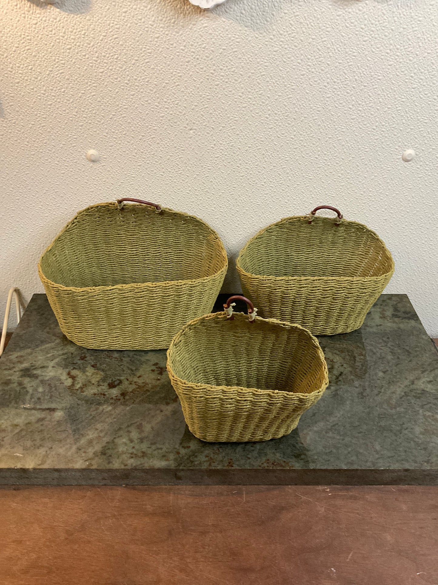 Set Of Three Green Woven Baskets