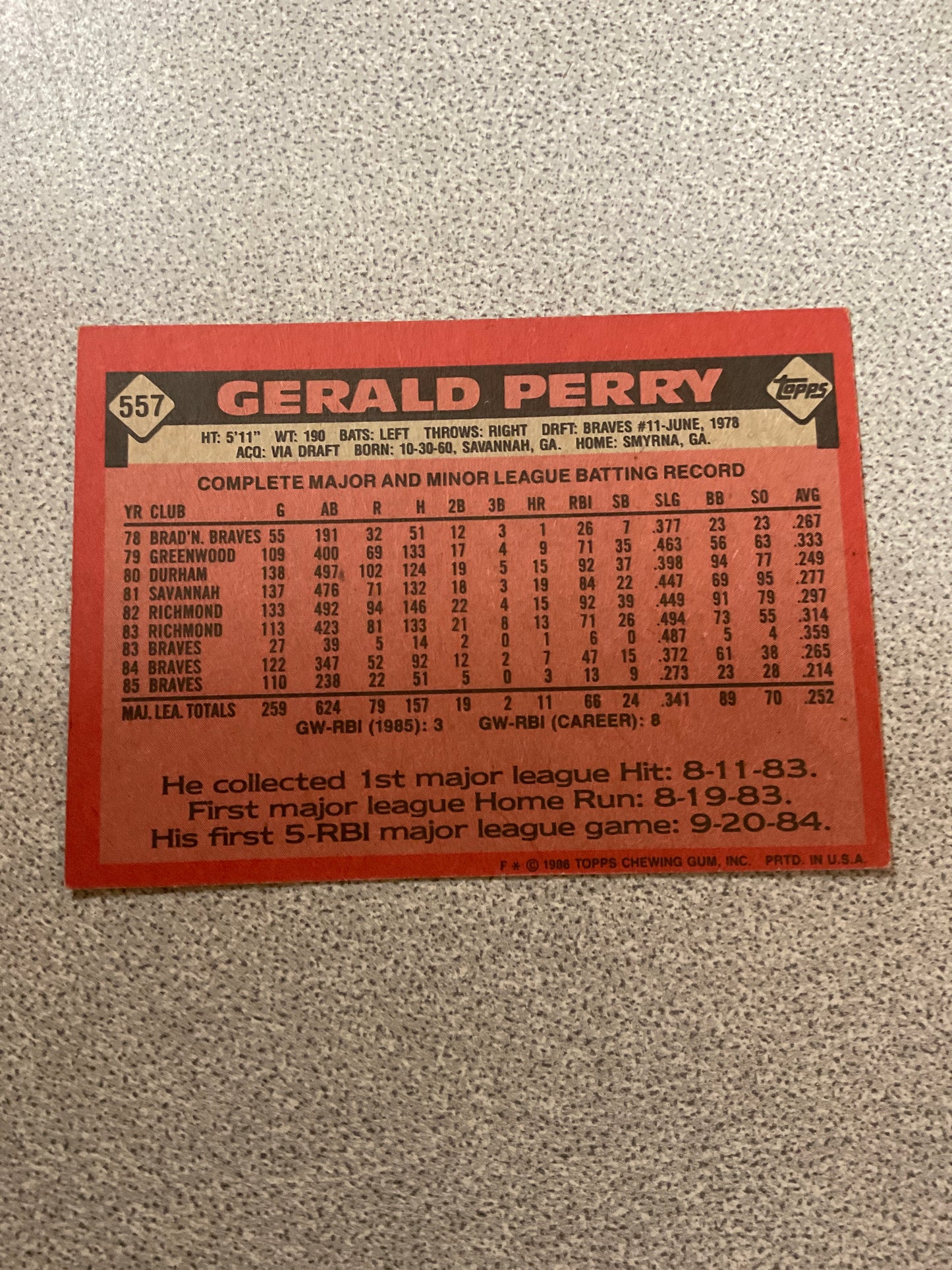 Baseball Card Gerald Perry