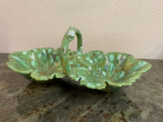 Vintage Green Glazed Double Leaf Candy Dish