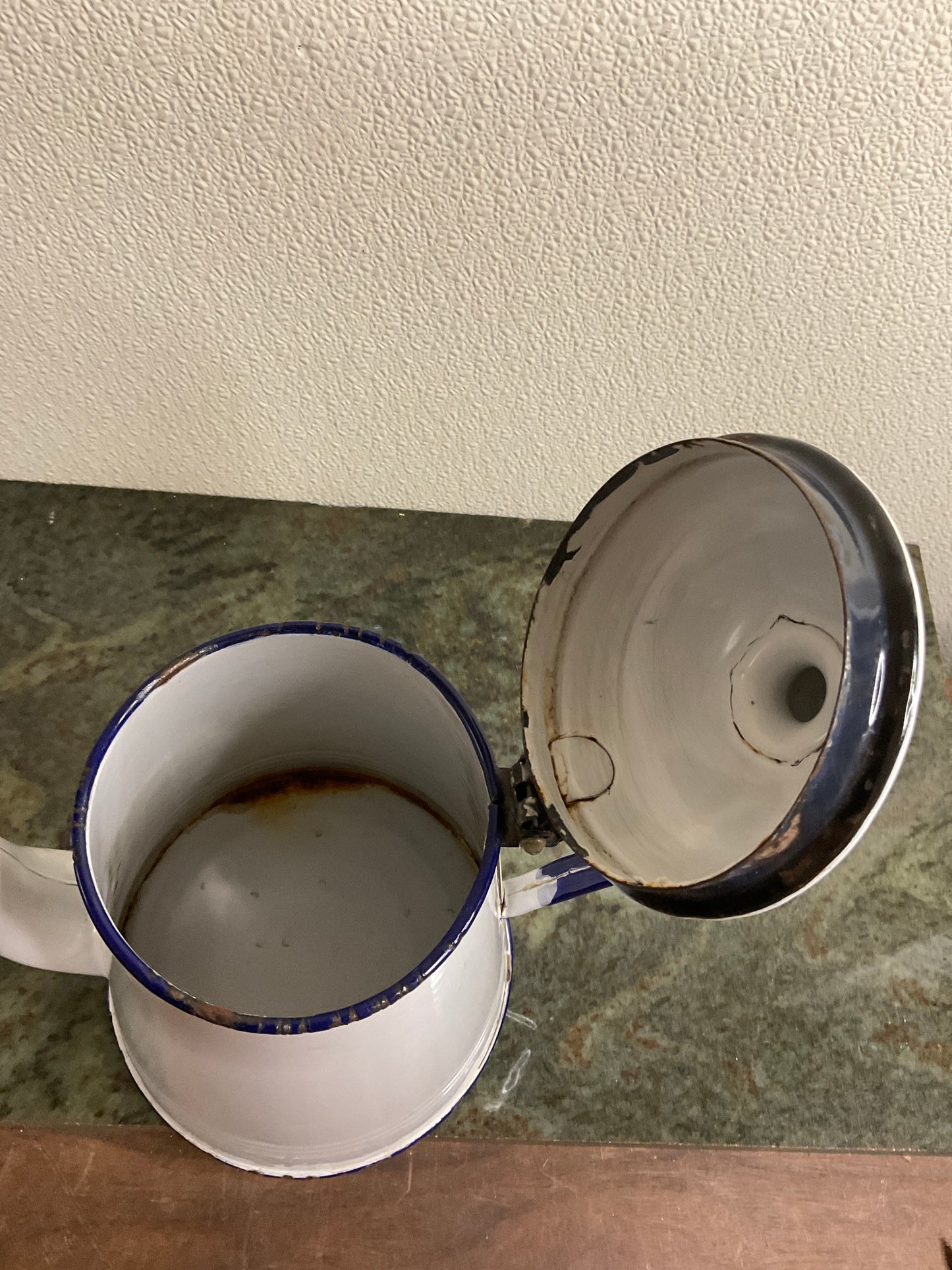 Vintage White Kettle/Pot with Blue Rim & Handle