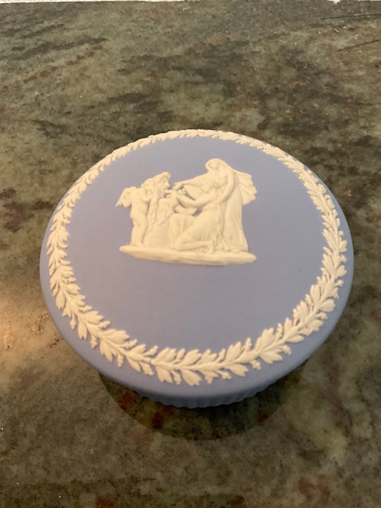 Vintage Wedgewood Blue Pottery Round Trinket Box