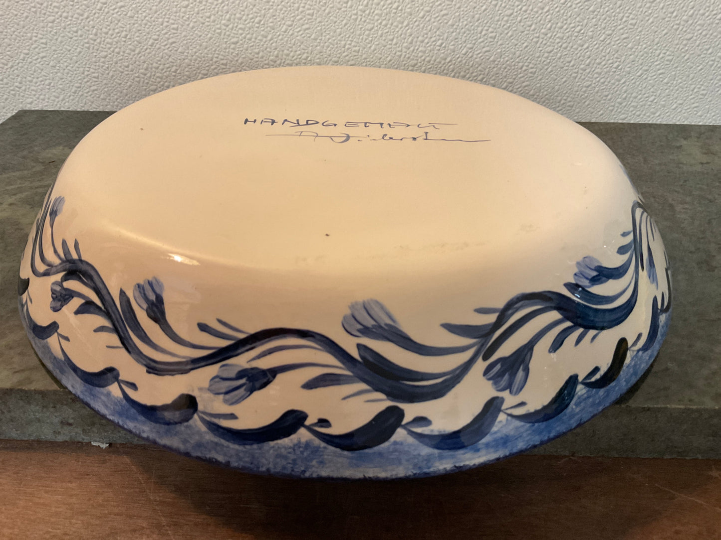 Vintage German Art Pottery Large Shallow Blue Bowl