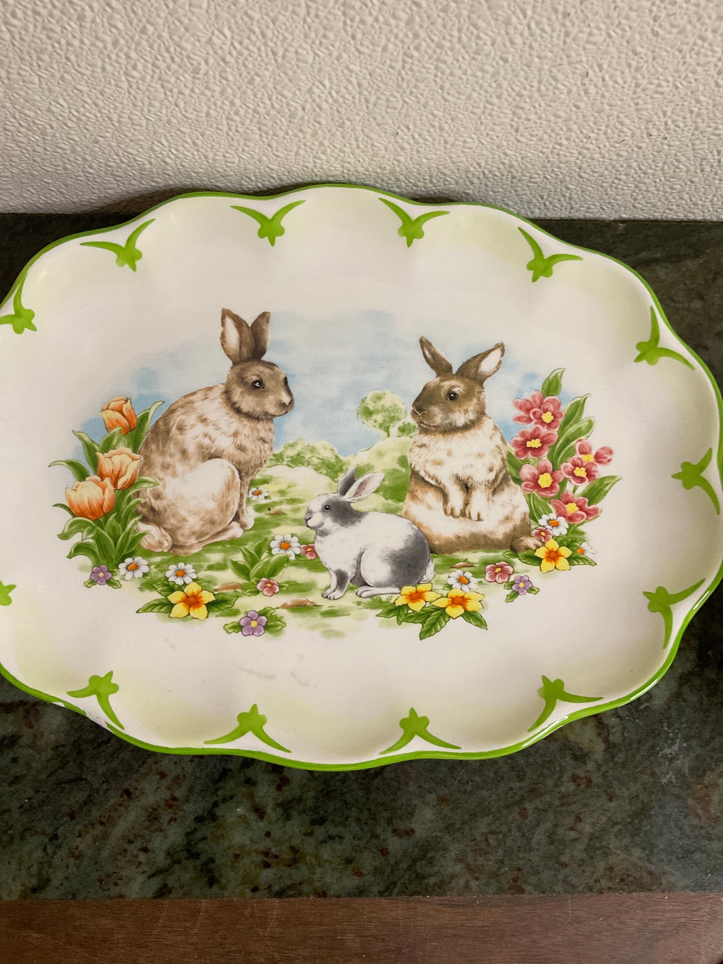 Ceramic Oval Bunnies Platter and 6 Plates