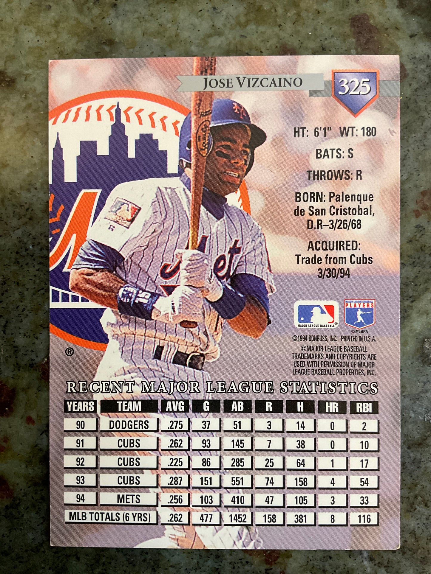 Jose Vizcaino 1994 Dunross Baseball Card