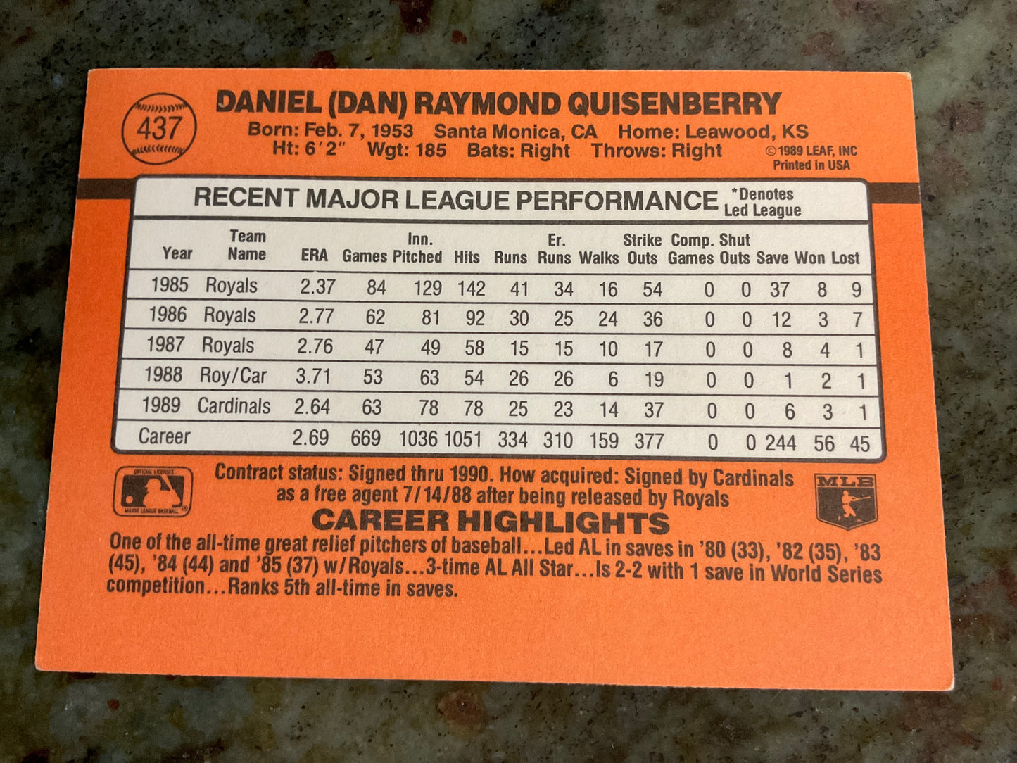 1990 Donruss Dan Quisenberry Baseball Card
