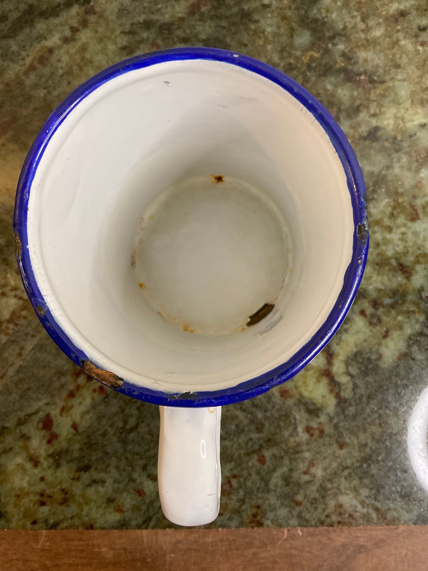 Vtg White Enamel/Blue Rim Coffee Mug