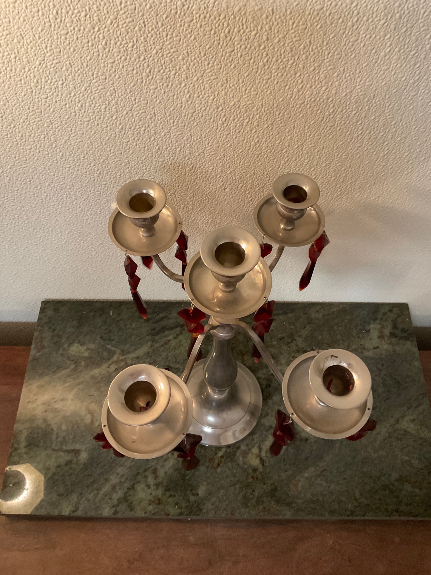 4 Arm Candelabra With Red Glass Prism