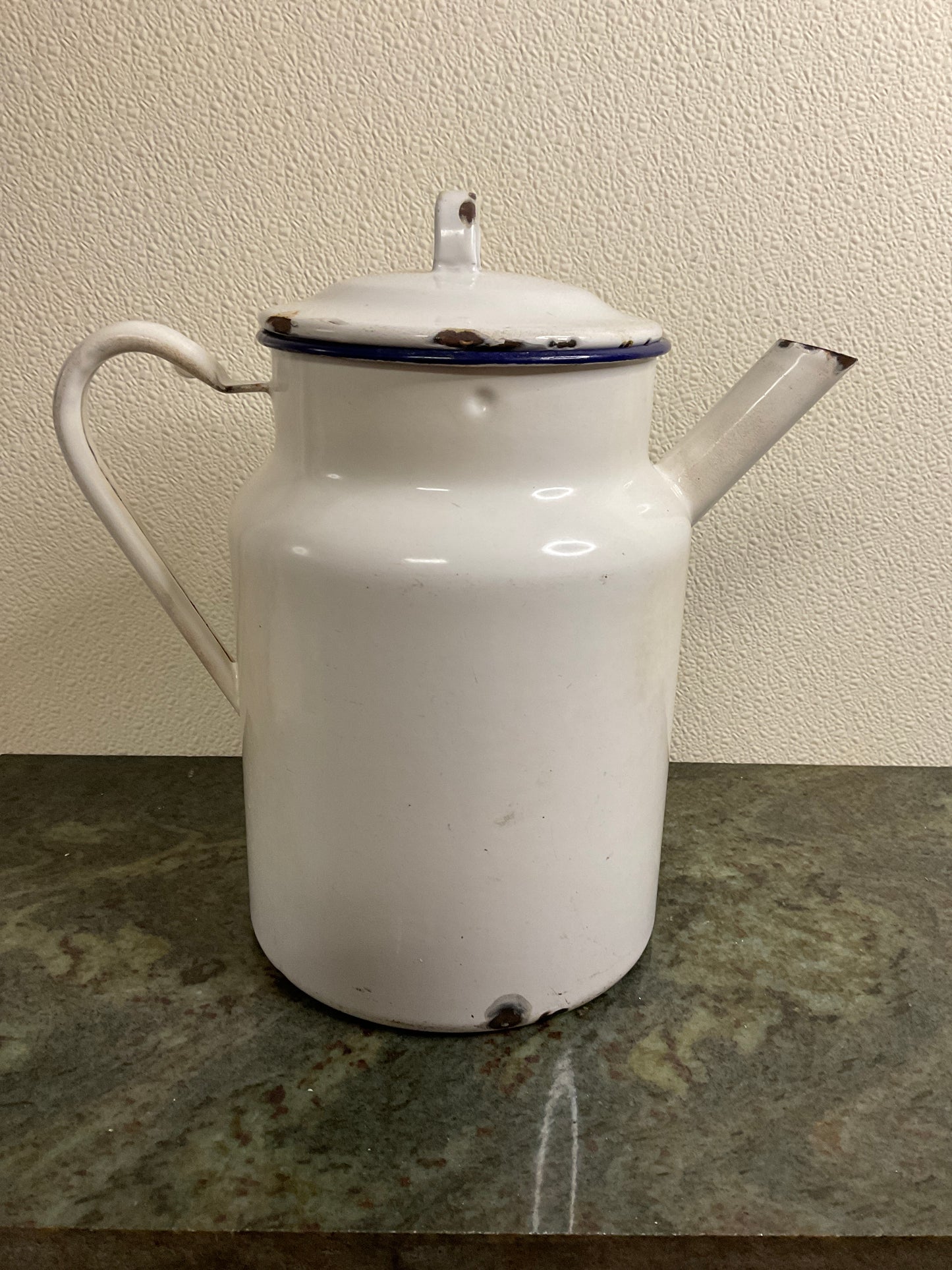 Antique White Enamel Coffee Pot/Tea Kettle with Blue Rim