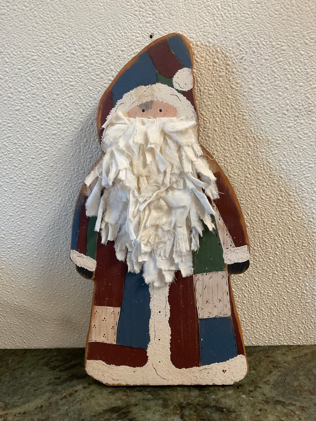 Folk Art Wood Santa Wall With Fabric Beard