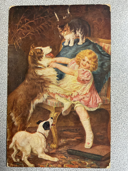 Vintage Post Card Girl and Dogs