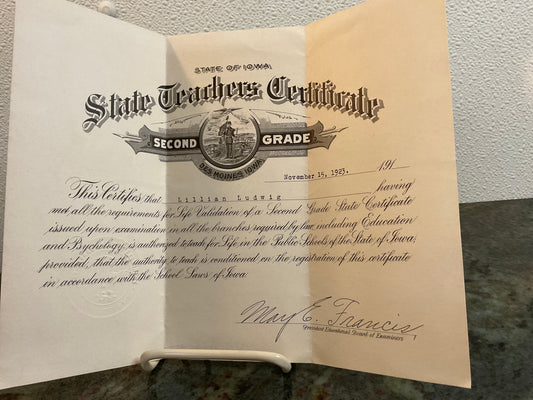 1923 State Teachers Certificate & Contract