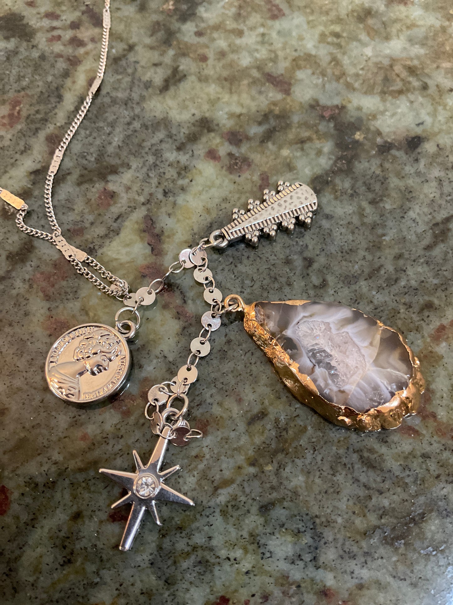 Queen Elizabeth ll Charm Necklace with Druzy Agate Geode Pendant