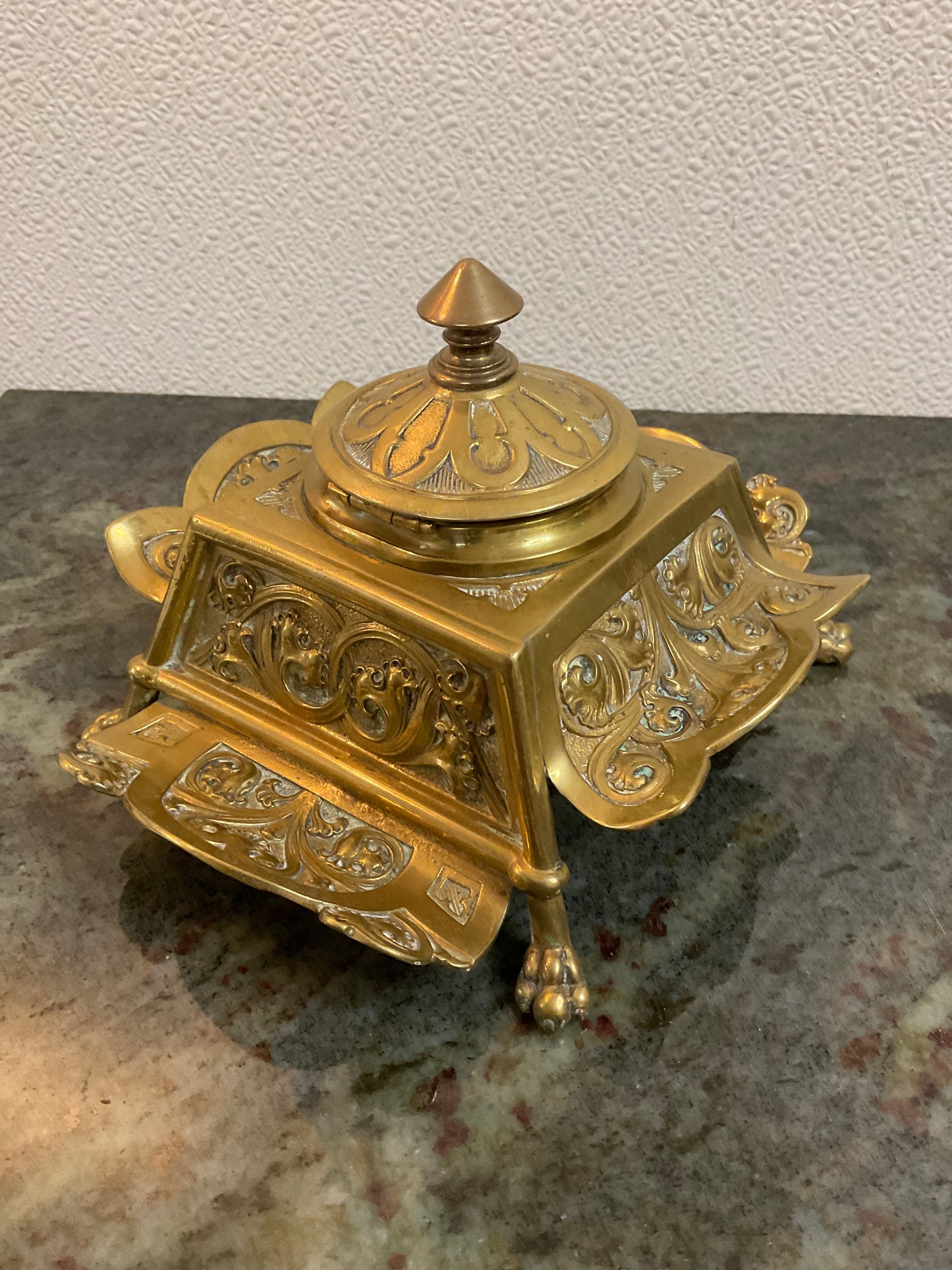 Vtg Brass Ink Well w/Glass Ink Bottle