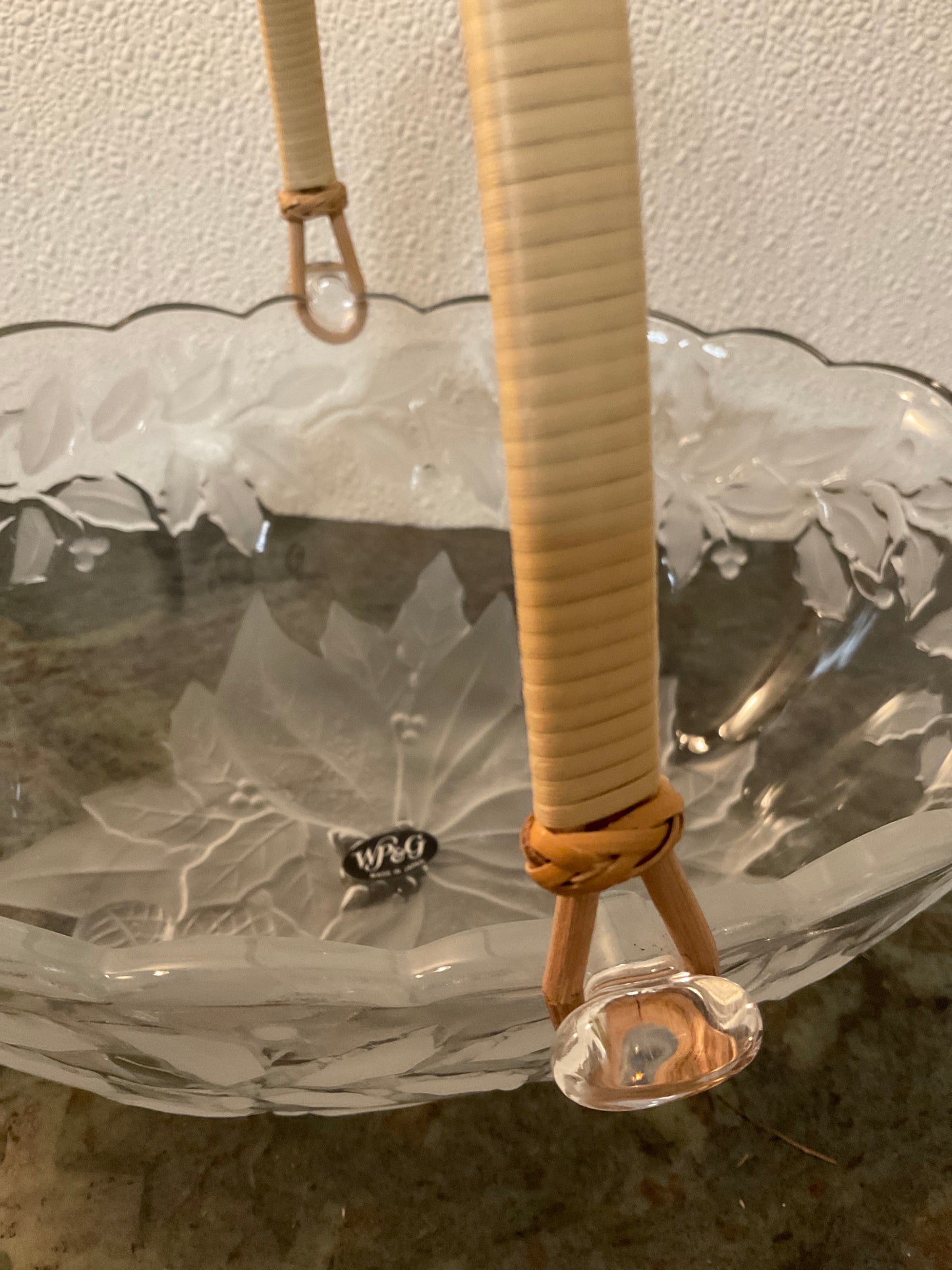 WP&G Crystal Glass Oval Basket W/poinsettia design. Made in Japan.