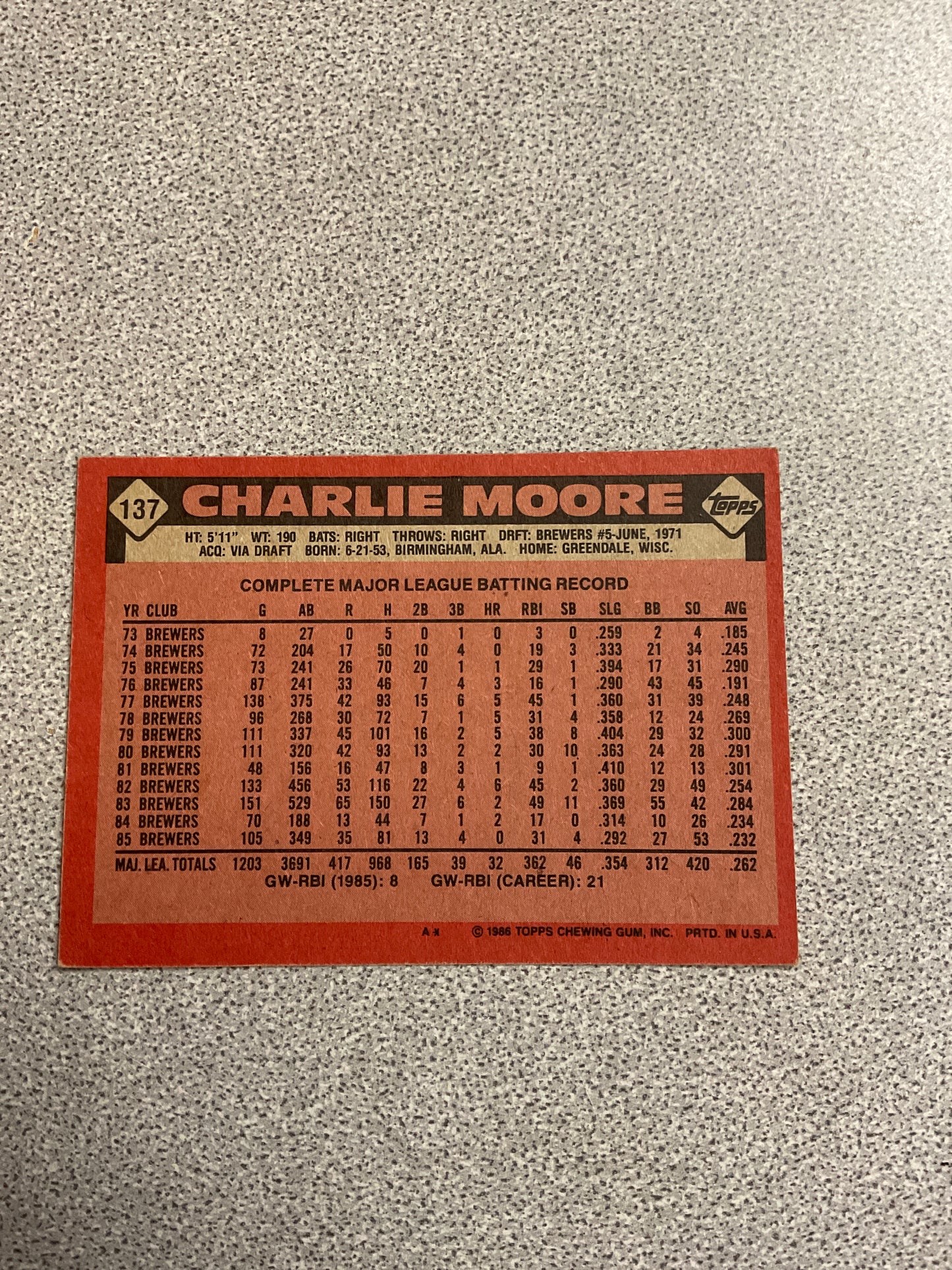Baseball Card-Charlie Moore